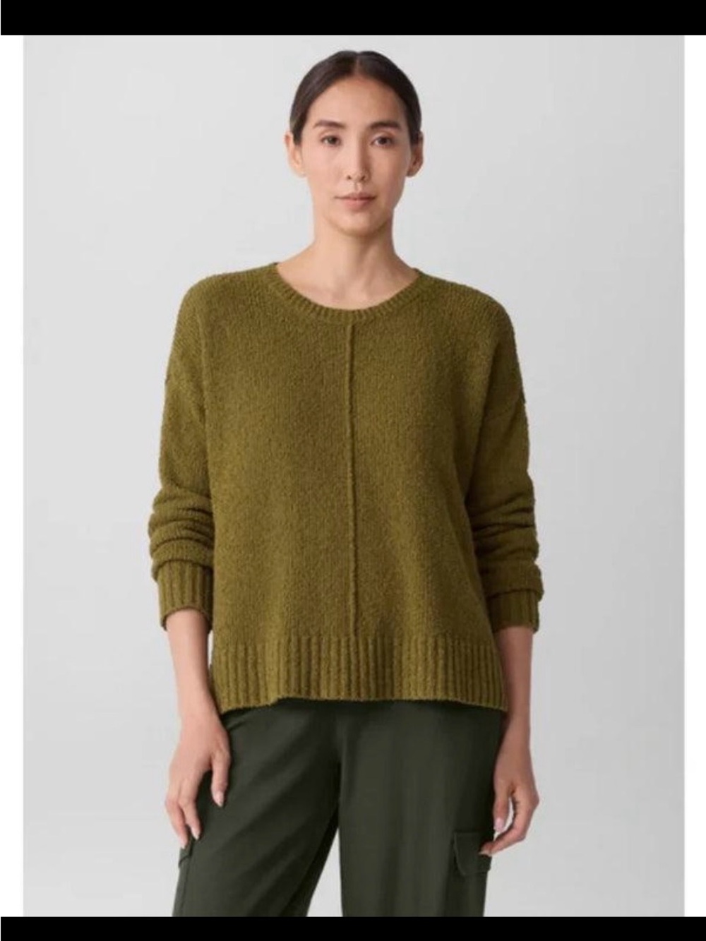 Eileen Fisher Olive Green Bouclé Wool Crew Neck Box Top – NWT